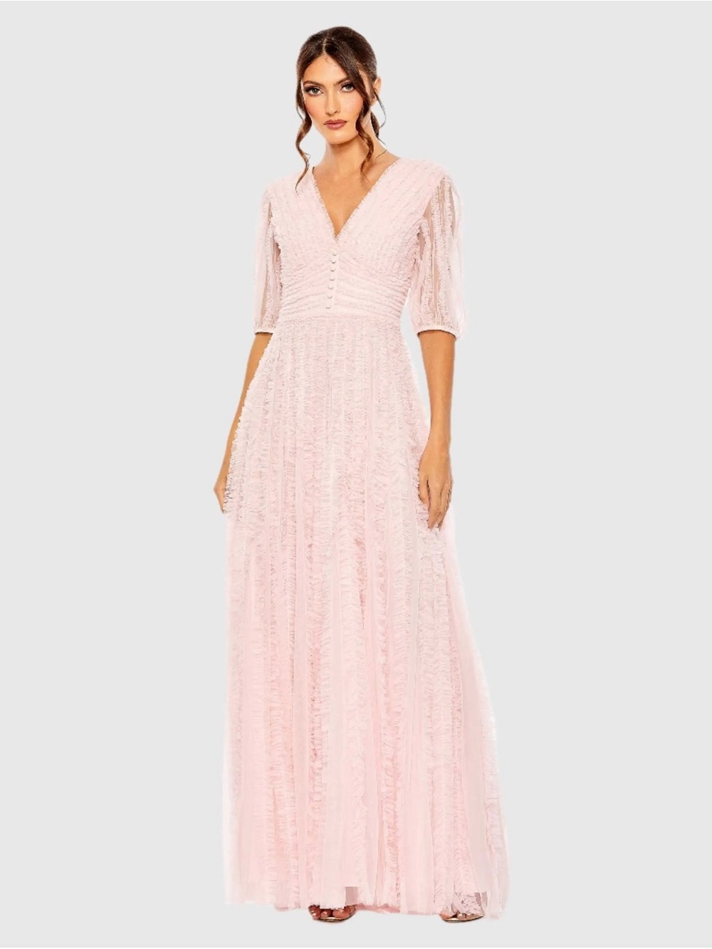 Mac Duggal A8050 Pink V Neck Puff Sleeve Ruffle Tiered A Line Gown Size 22 NWT